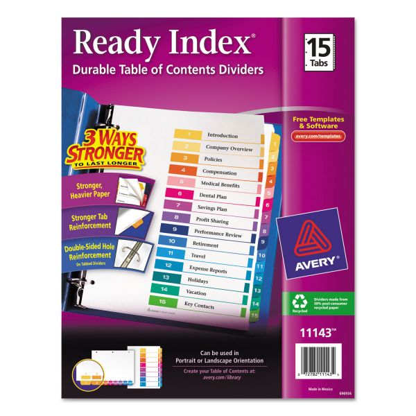 AVE11143 Avery Ready Index Customizable Table of Contents Multicolor Dividers, 15-Tab, Letter