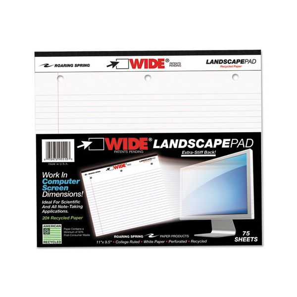 ROA95510 Roaring Spring WIDE Landscape Format Writing Pad, College Ruled, 11 x 9 1/2, White, 75 Sheets