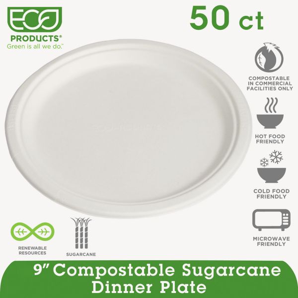 ECOEPP013PK Eco-Products Renewable & Compostable Sugarcane Plates, 9", 50/PK