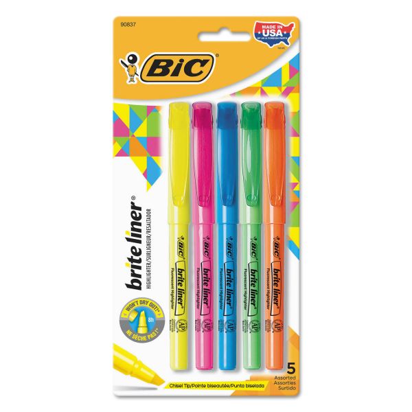 BICBLP51WASST BIC Brite Liner Highlighter, Chisel Tip, Assorted Colors, 5/Set