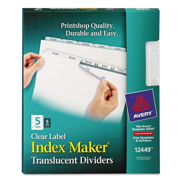 AVE12449 Avery Index Maker Print & Apply Clear Label Plastic Dividers, 5-Tab, White Tab, Letter, 5 Sets