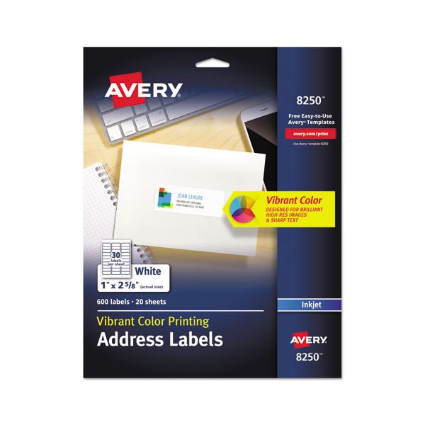 AVE8250 Avery Vibrant Color-Printing Address Labels, 1 x 2 5/8, Matte White, 600/Pack