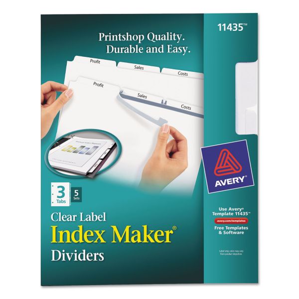 AVE11435 Avery Print & Apply Clear Label Dividers, 3-Tab, White Tab, Letter, 5 Sets