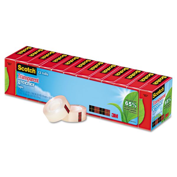 MMM61212P Scotch Transparent Greener Tape, 3/4" x 900", 1" Core, 12/Pack