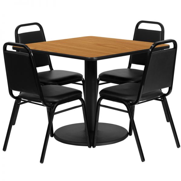 FHFRSRB1011GG Flash Furniture 36'' Square Natural Laminate Table Set with 4 Black Trapezoidal Back Banquet Chairs