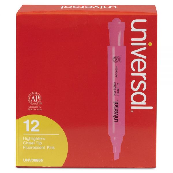 UNV08865 Desk Highlighter, Chisel Tip, Fluorescent Pink, Dozen