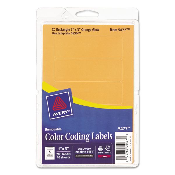 AVE05477 Avery Printable Removable Color-Coding Labels, 1 x 3, Neon Orange, 200/Pack