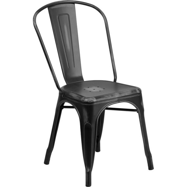 FHFET3534BKGG Flash Furniture Distressed Black Metal Indoor-Outdoor Stackable Chair
