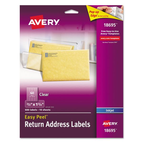 AVE18695 Avery Matte Clear Easy Peel Return Address Labels, Inkjet, 2/3 x 1 3/4, 600/Pack