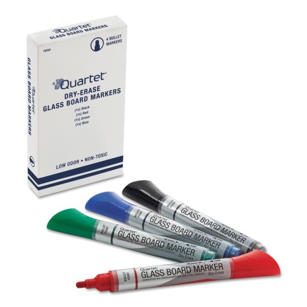 QRT79552 Quartet Premium Glass Board Dry Erase Marker, Bullet Tip, Assorted, 4/Pack