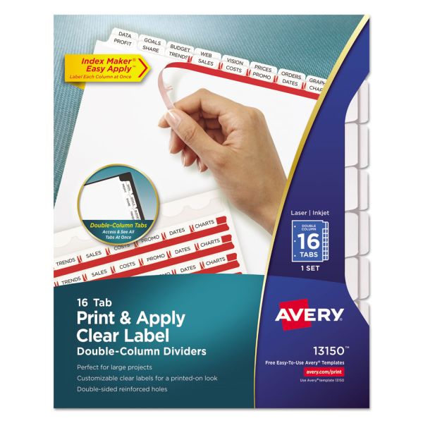 AVE13150 Avery Index Maker Print & Apply Clear Label Double Column Dividers, 16-Tab, White Tab, Letter, 1 Set