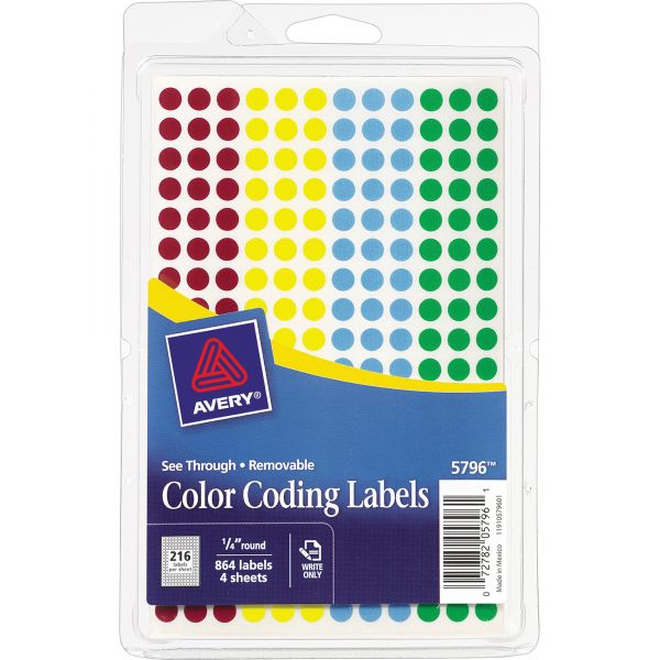 AVE05796 Avery See Through Removable Color Dots, 1/4 dia, Assorted Colors, 864/Pack