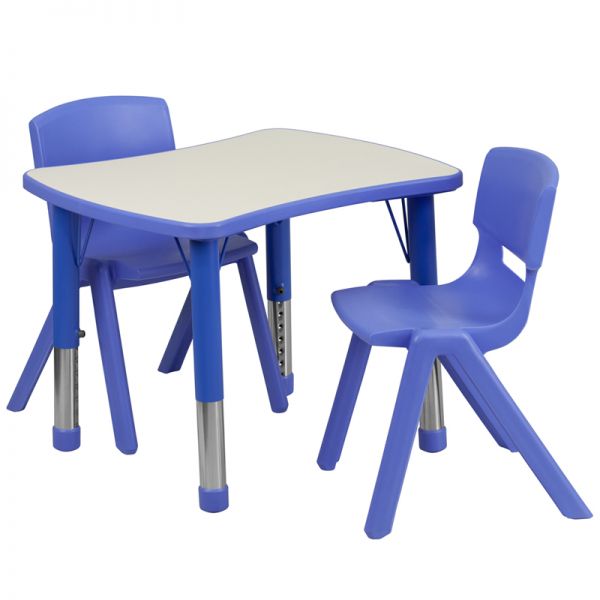 FHFYUYCY0980032RECTTBLBLUEGG Flash Furniture 21.875''W x 26.625''L Adjustable Rectangular Blue Plastic Activity Table Set with 2 School Stack Chairs