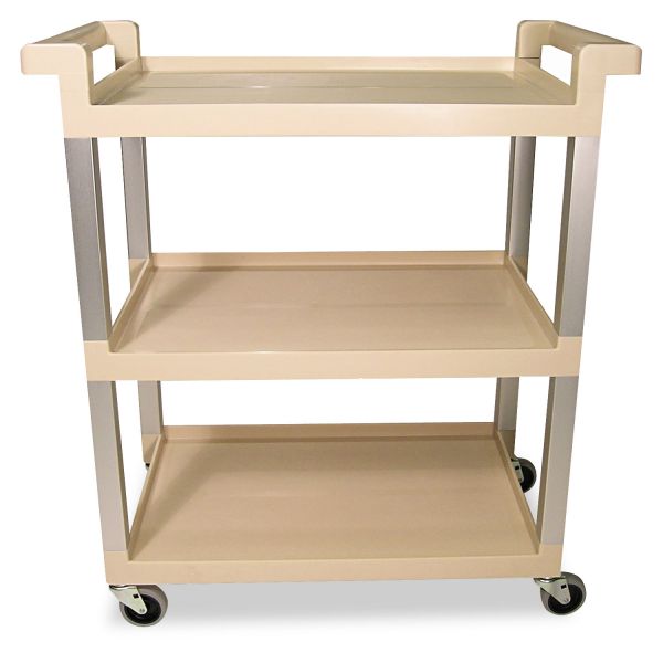 RCP9T6571BG Rubbermaid Commercial Three-Shelf Service Cart w/Brushed Aluminum Upright, 16-1/4 x 31-1/2 x 36, Beige
