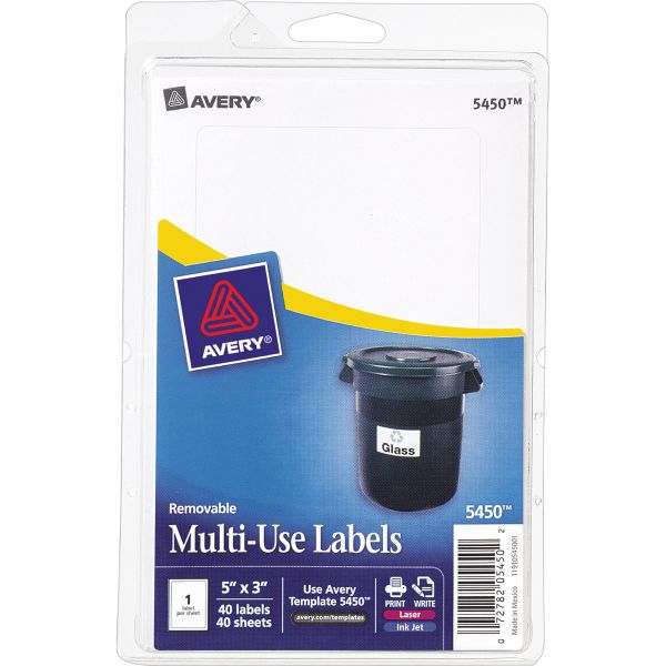 AVE05450 Avery Removable Multi-Use Labels, 5 x 3, White, 40/Pack