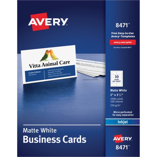 AVE8471 Avery Printable Microperf Business Cards, Inkjet, 2 x 3 1/2, White, Matte, 1000/Box
