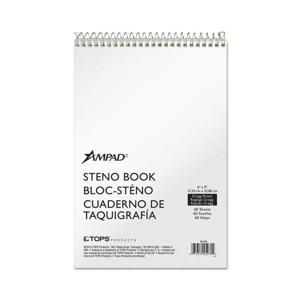 TOP25270 Ampad Spiral Steno Book, Gregg, 6 x 9, 15 lb, Green Tint, 60 Sheets