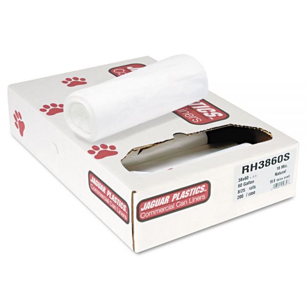 JAGRH3860S Jaguar Plastics Super Extra-Heavy Bags, 60gal, 16mic, 38 x 60, Natural, 25 Bags/Roll, 8 Rolls/CT
