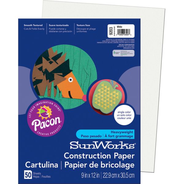PAC9203 SunWorks Construction Paper, 58 lbs., 9 x 12, White, 50 Sheets/Pack