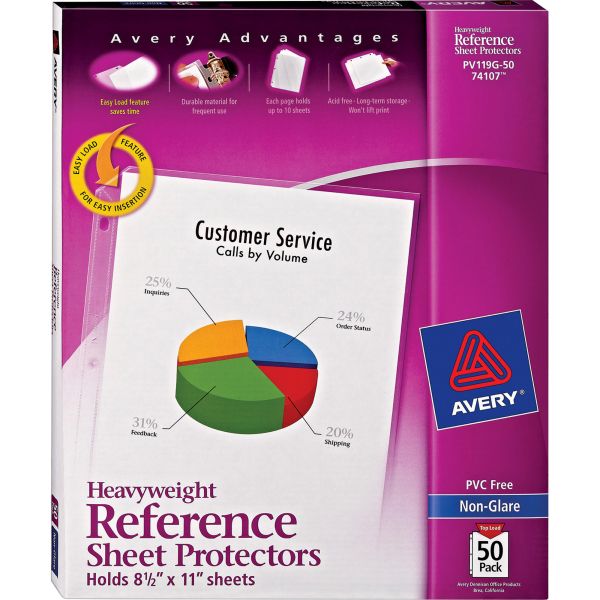 AVE74107 Avery Top-Load Poly Sheet Protectors, Letter, Heavy Gauge, Nonglare, Clear, 50/Box