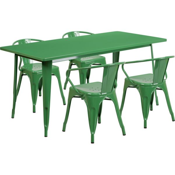 FHFETCT005470GNGG Flash Furniture 31.5'' x 63'' Rectangular Green Metal Indoor-Outdoor Table Set with 4 Arm Chairs