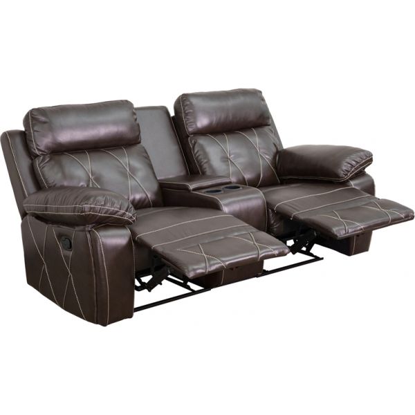 FHFBT705302BRNGG Flash Furniture Reel Comfort Series 2-Seat Reclining Brown Leather Theater Seating Unit with Straight Cup Holders