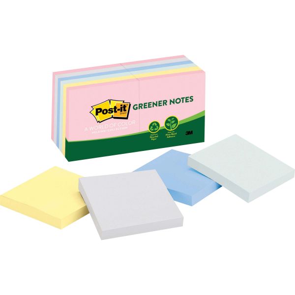MMM654RPA Post-it Greener Notes Recycled Note Pads, 3 x 3, Assorted Helsinki Colors, 100-Sheet, 12/Pack