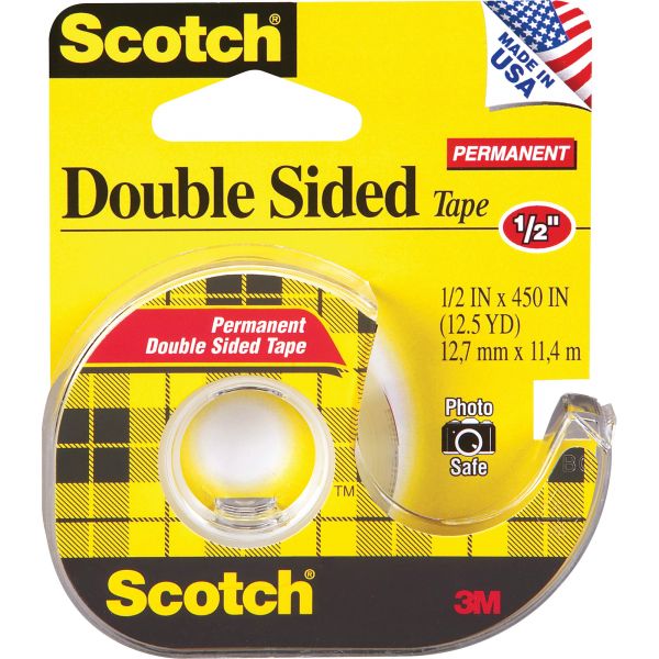 MMM137 Scotch 665 Double-Sided Permanent Tape w/Hand Dispenser, 1/2" x 450", Clear