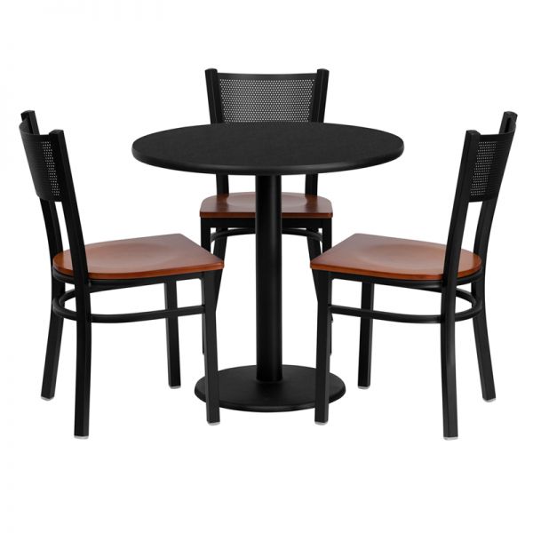 FHFMD0007GG Flash Furniture 30'' Round Black Laminate Table Set with 3 Grid Back Metal Chairs - Cherry Wood Seat