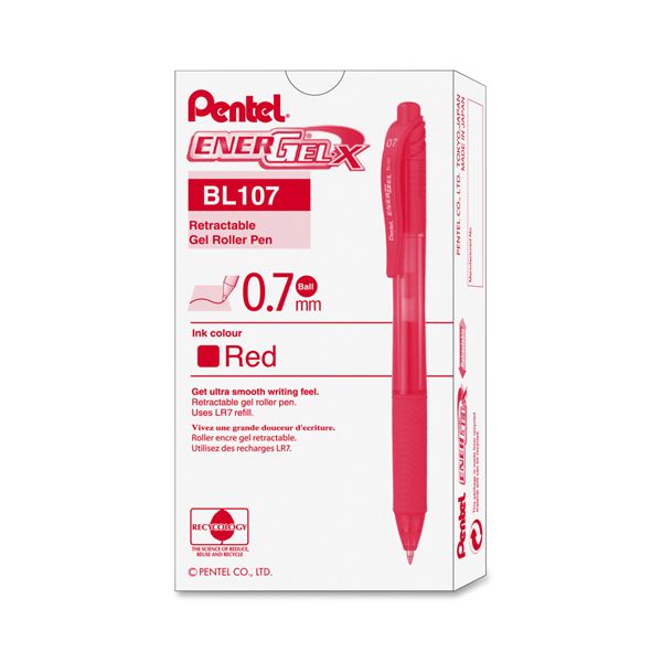 PENBL107B Pentel EnerGel-X Retractable Roller Gel Pen, .7mm, Red Barrel/Ink, Dozen