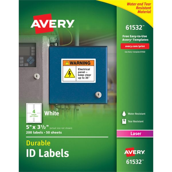 AVE61532 Avery Permanent ID Labels w/TrueBlock Technology, Laser, 3 1/2 x 5, 200/Pack