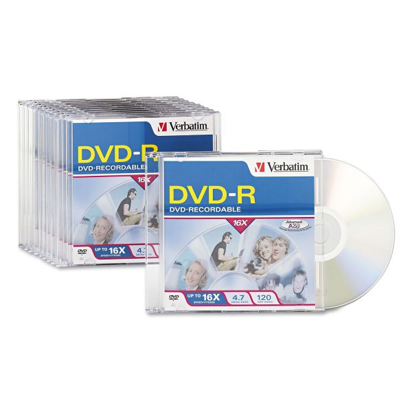 VER95099 Verbatim DVD-R Discs, 4.7GB, 16x, w/Slim Jewel Cases, 10/Pack