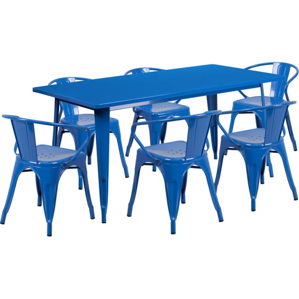 FHFETCT005670BLGG Flash Furniture 31.5'' x 63'' Rectangular Blue Metal Indoor-Outdoor Table Set with 6 Arm Chairs