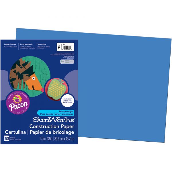 PAC7407 SunWorks Construction Paper, 58 lbs., 12 x 18, Blue, 50 Sheets/Pack