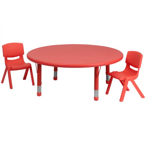 FHFYUYCX00532ROUNDTBLREDRGG Flash Furniture 45'' Round Adjustable Red Plastic Activity Table Set with 2 School Stack Chairs