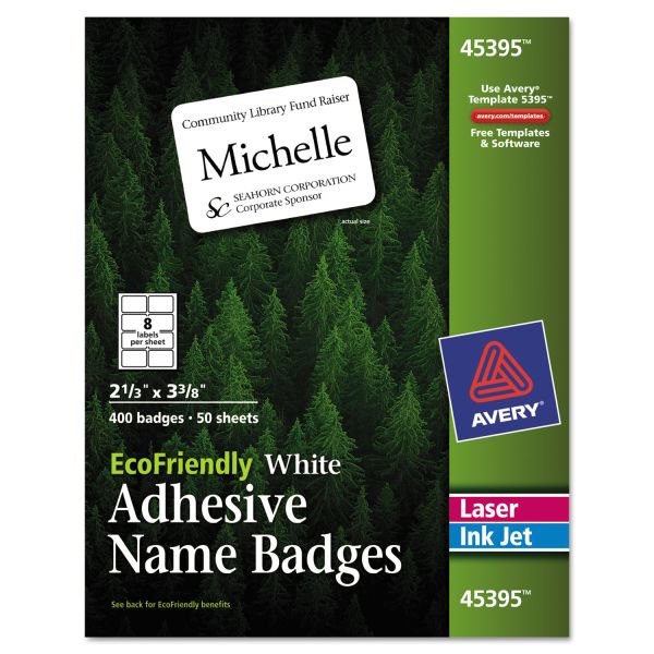 AVE45395 Avery EcoFriendly Adhesive Name Badge Labels, 2 1/3 x 3 3/8, White, 400/Box