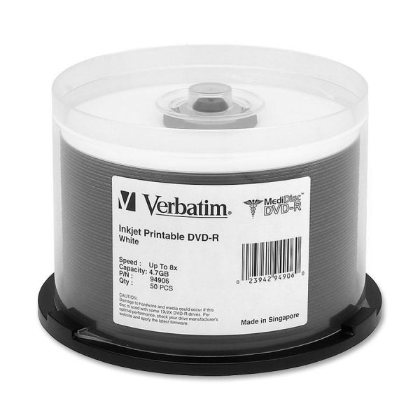 VER94906 Verbatim MediDisc DVD-R 4.7GB 8X White Inkjet Printable with Branded Hub - 50pk Spindle