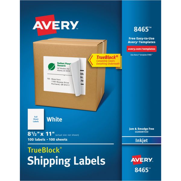 AVE8465 Avery Full-Sheet Labels with TrueBlock Technology, Inkjet, 8 1/2 x 11, White, 100/Box