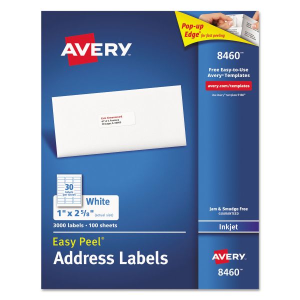 AVE8460 Avery Easy Peel Mailing Address Labels, Inkjet, 1 x 2 5/8, White, 3000/Box