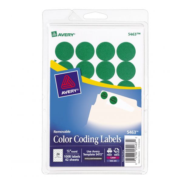 AVE05463 Avery Printable Removable Color-Coding Labels, 3/4" dia, Green, 1008/Pack