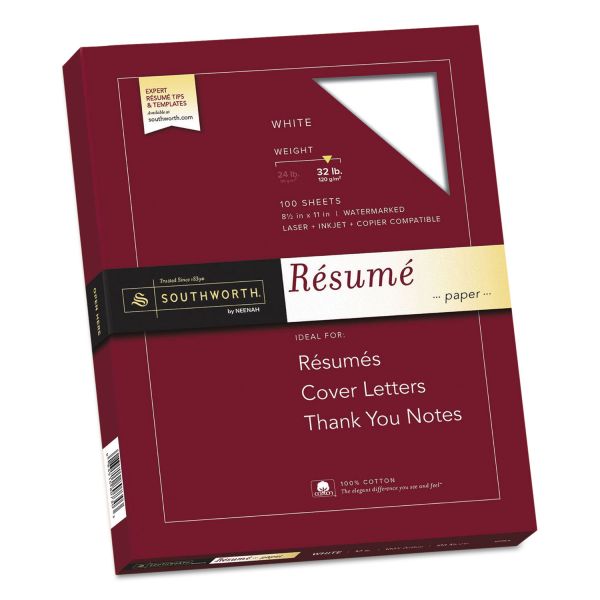 SOURD18CF Southworth 100% Cotton Resume Paper, 32lb, 95 Bright, 8 1/2 x 11, White, 100 Sheets