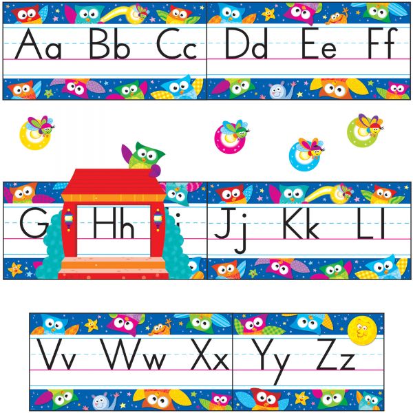 TEP8364 Trend Owl-Stars Alphabet Manuscript Bulltn Brd Set