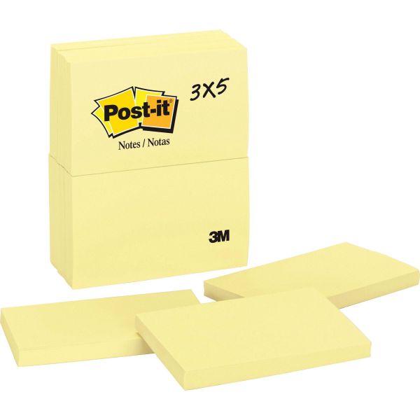 MMM655YW Post-it Notes Original Pads in Canary Yellow, 3 x 5, 100-Sheet, 12/Pack