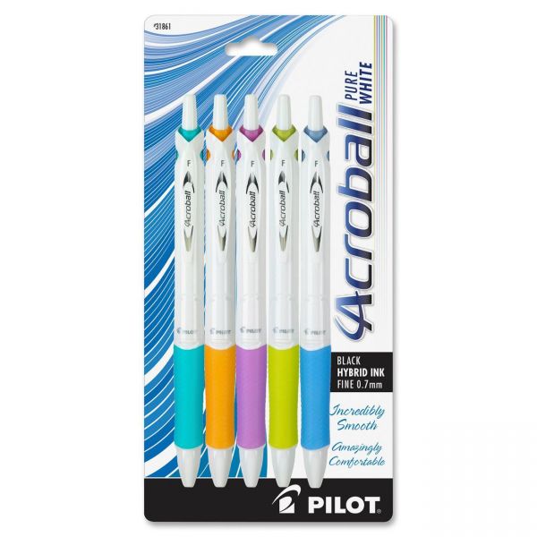 PIL31861 Pilot Acroball PureWhite Pen, .7mm, Black Ink, Turq/Orange/Purple/Lime/Blue, 5/Pack