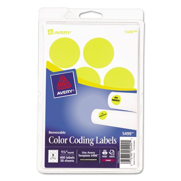 AVE05499 Avery Printable Removable Color-Coding Labels, 1 1/4" dia, Neon Yellow, 400/Pack