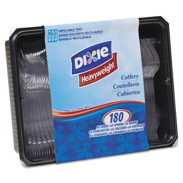 DXECH0180DX7CT Dixie Cutlery Keeper Tray w/Clear Plastic Utensils: 600 Forks, 600 Knives, 600 Spoons