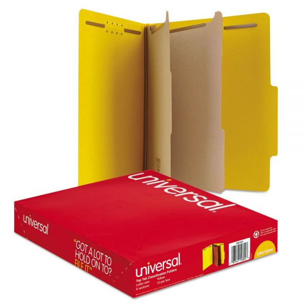 UNV10304 Universal Pressboard Classification Folders, Letter, Six-Section, Yellow, 10/Box