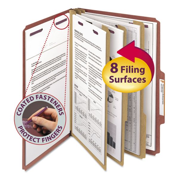 SMD19092 Smead Pressboard Classification Folders, Self Tab, Legal, Eight-Section, Red, 10/Box