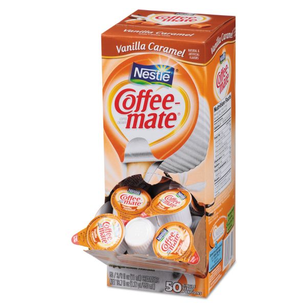 NES79129CT Coffee-mate Liquid Coffee Creamer, Vanilla Caramel, 0.375 oz Cups, 50/Box, 4 Box/Carton