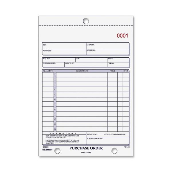RED1L140 Rediform Purchase Order Book, Bottom Punch, 5 1/2 x 7 7/8, Two-Part Carbonless, 50 Forms